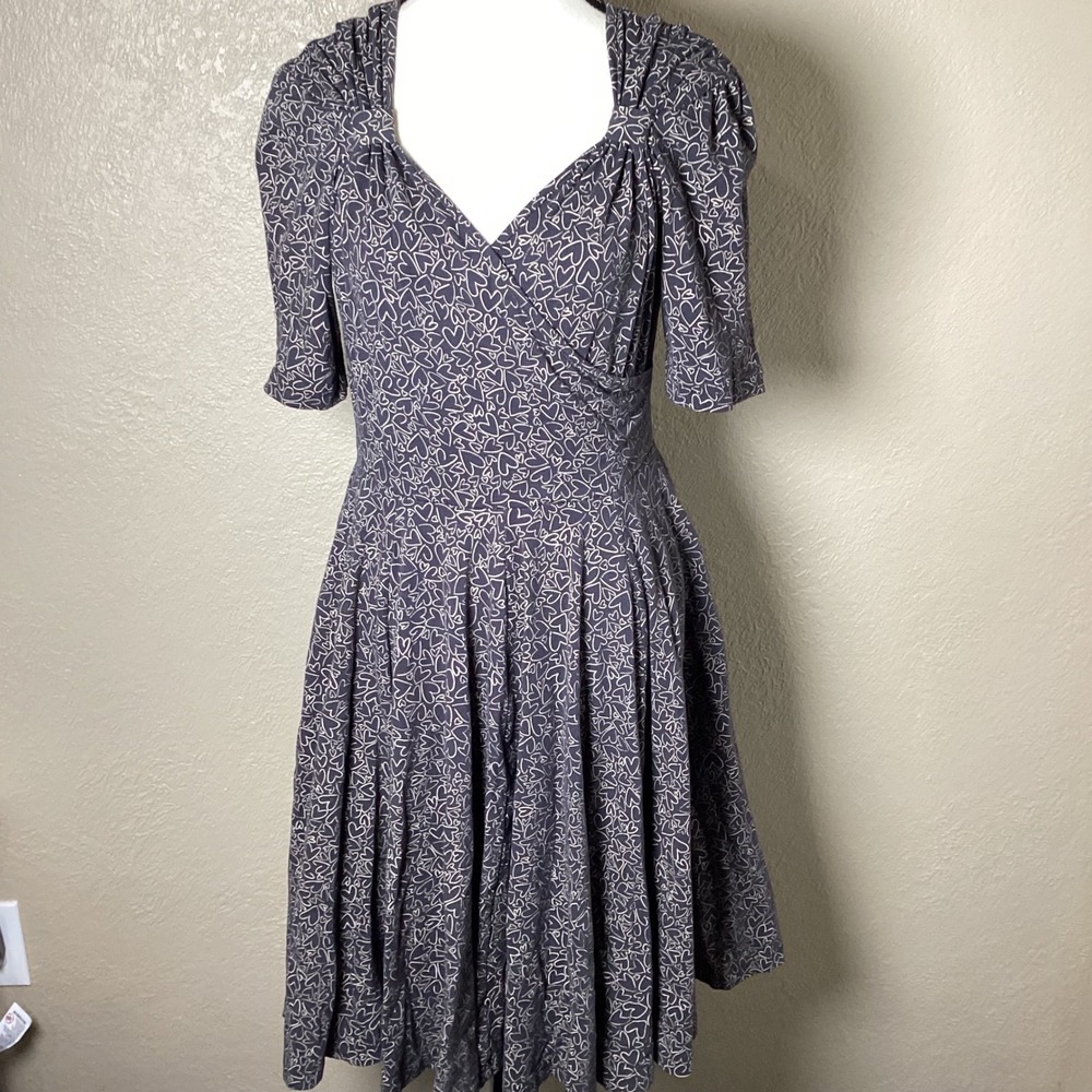 Effie's Heart Gray Heart Print Fit & Flare Cotton Dress Full Skirt Size Medium